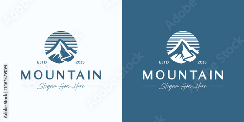 Circle mountain outdoor logo design vector, Symbol emblem mount peak hill for nature view landscape with minimalist aesthetic usable for tour guide , travel, adventure Gear, expedition and identity