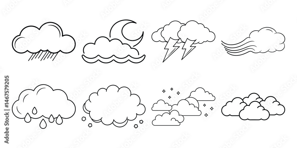 Cloud set of black line on white background. Natural weather symbol of rain. Cloud set of black line on white background. Natural weather symbol of rain.