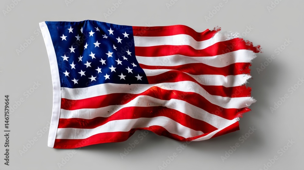 Torn and dirty American flag with a white stripe. The flag is tattered and torn, and the stars are faded. The flag is a symbol of the United States, and its damaged state represents the wear Torn and dirty American flag with a white stripe. The flag is tattered and torn, and the stars are faded. The flag is a symbol of the United States, and its damaged state represents the wear
