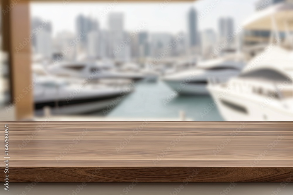 Fototapeta premium Wooden table with harbor view