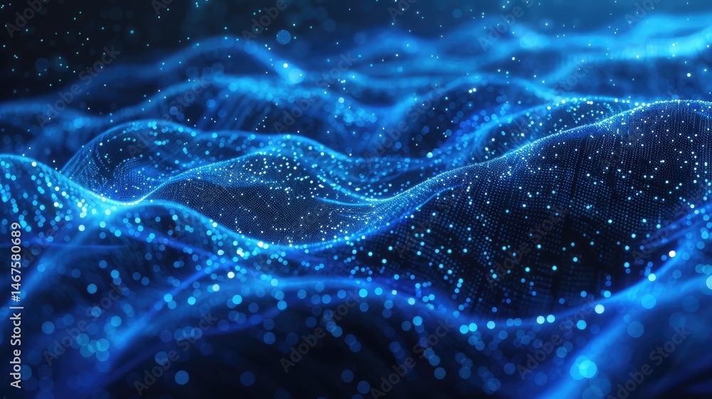 Abstract picture micro light sparkling particle represent data flow. Vivid flowing wave with high tech texture, create digital effect scene perfect for energetic and fantasy wallpaper design. AIG53. Abstract picture micro light sparkling particle represent data flow. Vivid flowing wave with high tech texture, create digital effect scene perfect for energetic and fantasy wallpaper design. AIG53.