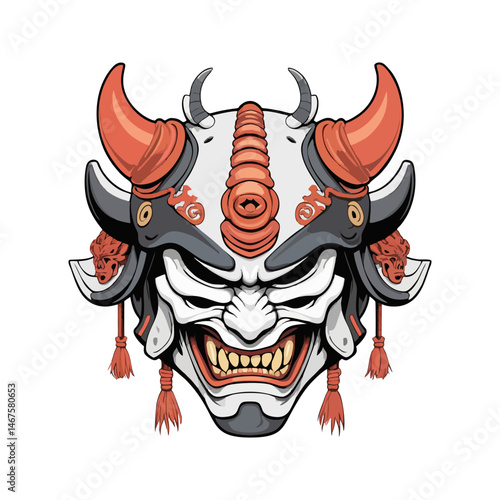 Angry samurai mask illustration with demonic features in Japanese traditional style suitable for tattoo flash folklore graphics and cultural artwork

