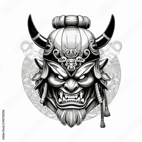 Dark Japanese warrior mask with scary features vector artwork perfect for mythological characters tattoo art and traditional Asian folklore graphics
