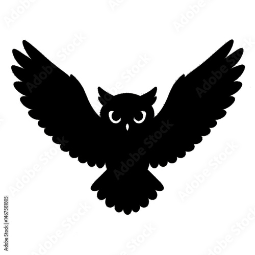 black silhouette of a flying owl with outstretched wings minimal vector style design for wildlife nature illustrations nocturnal creatures symbols of wisdom and freedom for art or logo use