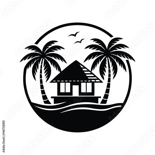 Black and white vector illustration of a tropical beach scene with palm trees and a beach hut in a round frame