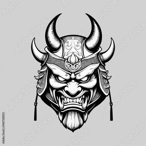 Horned Oni mask vector illustration with samurai influence ideal for Asian cultural art tattoo inspiration folklore design and warrior themed visuals