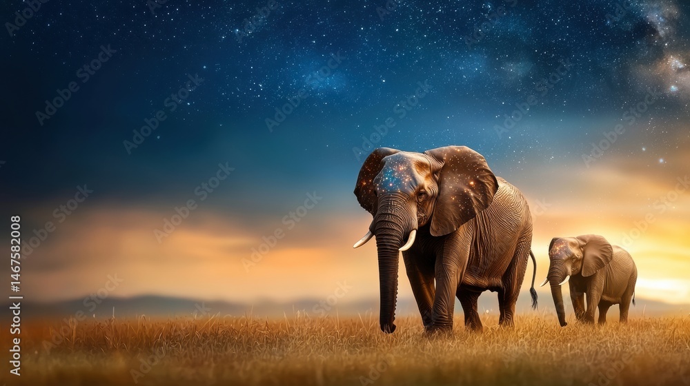 Fototapeta premium Elephants walking in a serene landscape at sunset.