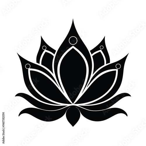 Elegant black and white lotus flower graphic isolated on a white background representing purity and spirituality