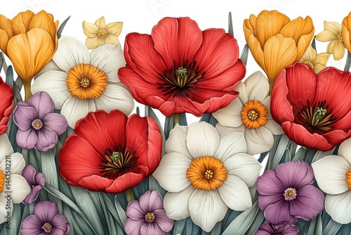 Vibrant Floral Illustration with Poppies and Daffodils