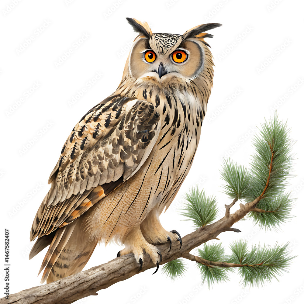 Fototapeta premium a majestic eurasian eagle owl with striking orange isolated on white background, PNG
