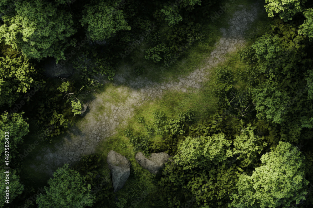 Obraz premium Realistic top view battle map of a mountain curve for DnD. Crossroad path with trees, stones, and bushes designed for tabletop RPG adventures.