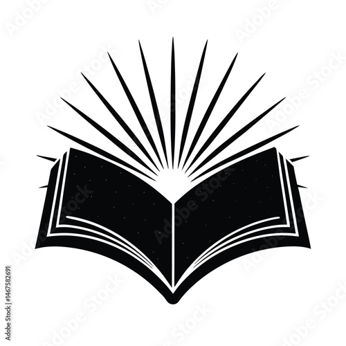 Illustration of an open book with radiating lines symbolizing knowledge enlightenment and education in monochrome style