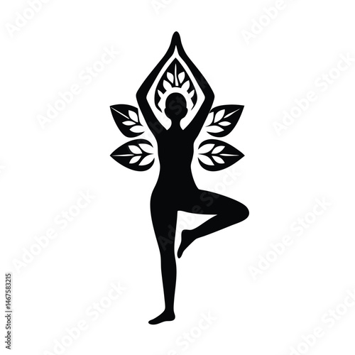 Black silhouette of a woman in the tree yoga pose framed by leaves representing a balanced natural zen style.