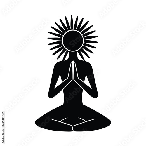 Black silhouette representing inner peace meditation yoga zen with sun halo spiritual enlightenment and calm symbol