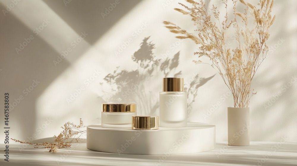Fototapeta premium Elegant skincare products displayed with soft shadows and decor