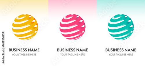 Set of 3 colorful striped spherical logos with 3D globe effect