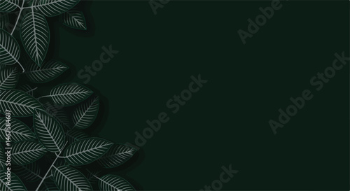 An illustration of a dark green background with a variety of green leaves with white leaf vein details on the upper left side of the image.