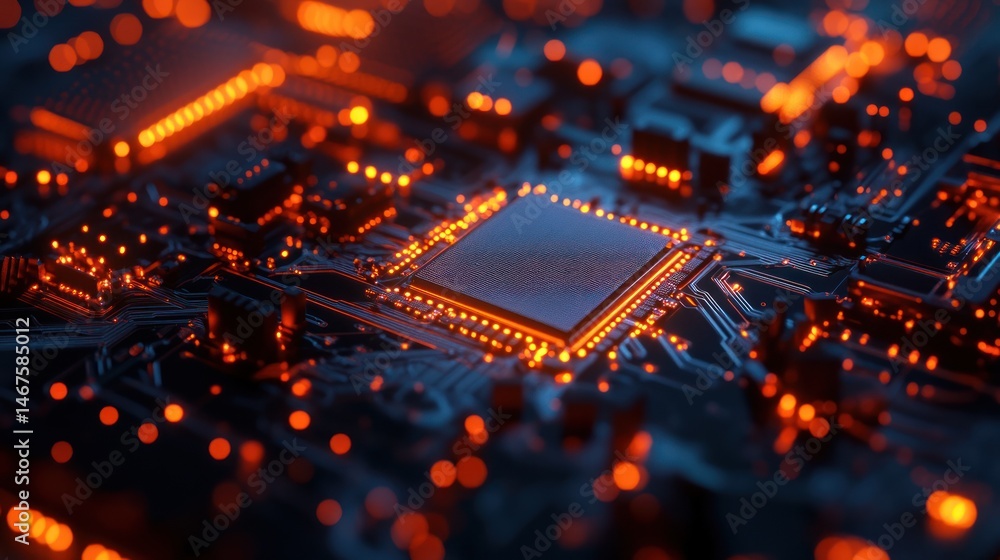 Close-up of a glowing microchip with intricate circuitry details Close-up of a glowing microchip with intricate circuitry details