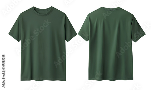 T-shirt mockup, dark green color t-shirt front and back view isolated on transparent background. 