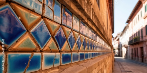 Close-up of intricate blue and orange ceramic tile pattern on an old building wall, with historic street and architecture in soft focus background.