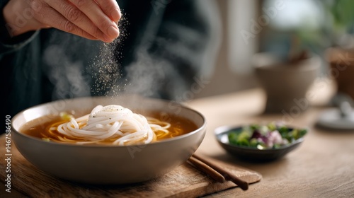 Person is sprinkling salt on a bowl of noodles. The bowl is filled with noodles and has a lot of seasoning