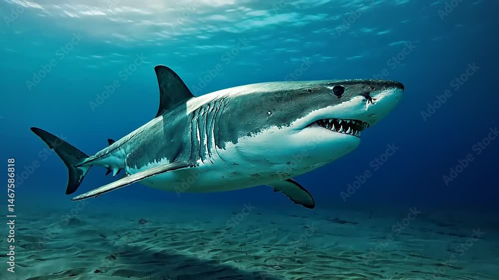 Magnificent Great White Shark Gliding Underwater, Marine Predator in Natural Habitat Magnificent Great White Shark Gliding Underwater, Marine Predator in Natural Habitat