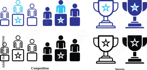 Competition and Success Icons. Achievement with Trophy and Prize icon set. Cup icon trophy to the winner for the first place icon. Award, Trophy, Medal, Crown, Winner, Congratulating, Certificate. 