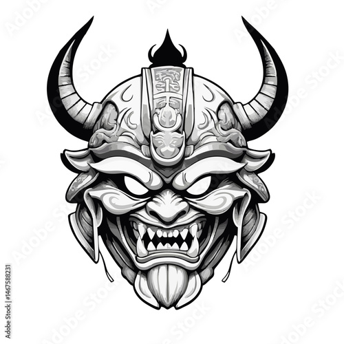 Intimidating Japanese demon mask with samurai armor vector design detailed and ideal for tattoos Asian mythology cultural illustrations and warrior mask graphic art