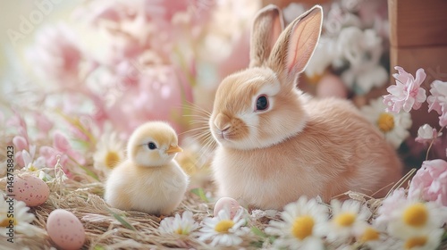 Wallpaper Mural Easter bunny and a chick with eggs Torontodigital.ca