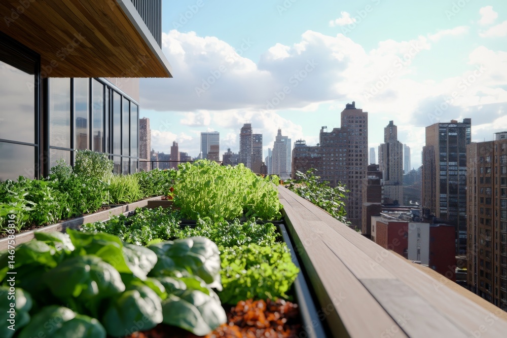 Fototapeta premium Urban rooftop garden showcasing greenery amidst city skyline.