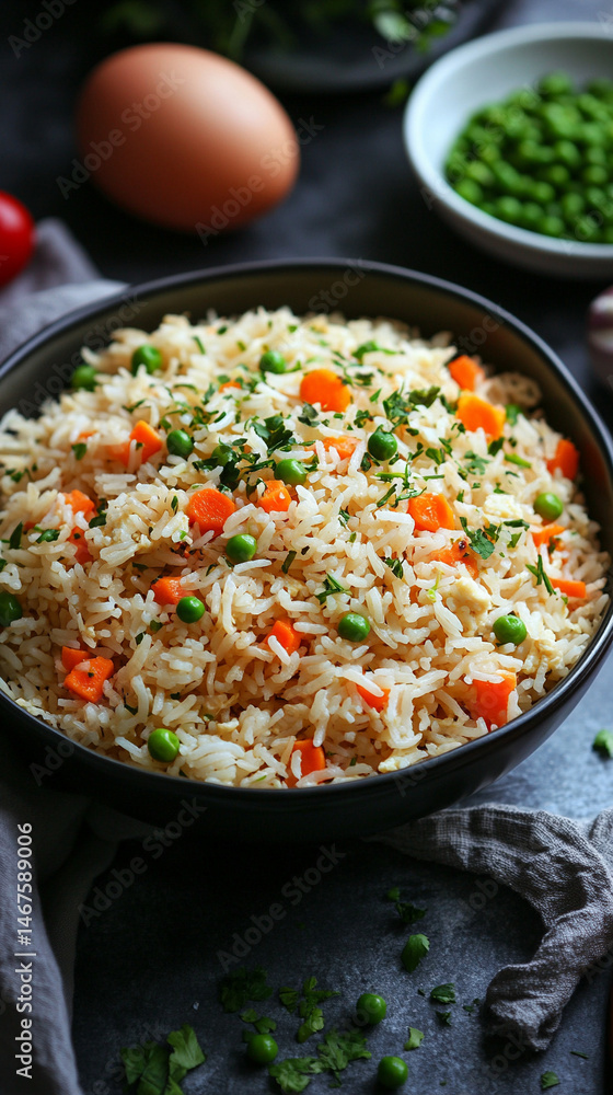Chicken and egg fried rice with carrots and green peas served in a bowl. A colorful, healthy meal symbolizing balance, comfort, and nourishment in a wholesome Asian-inspired dish.
Chicken and egg fried rice with carrots and green peas served in a bowl. A colorful, healthy meal symbolizing balance, comfort, and nourishment in a wholesome Asian-inspired dish.