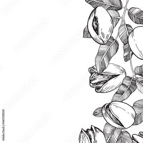 Pistachio border with nuts and leaves. Vector black and white illustration hand drawn with ink. Ripe fruits on a branch. Template for label design.