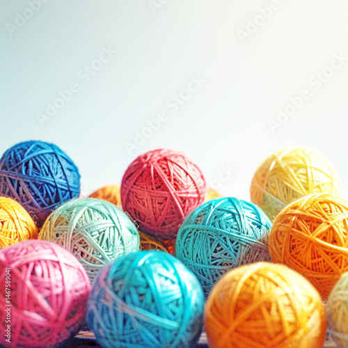 A tangle of colorful vibrant yarn balls in harmony, a collection of small, colorful yarn balls arranged closely together, featuring vibrant shades of blue, red, yellow, orange, pink, and green.
