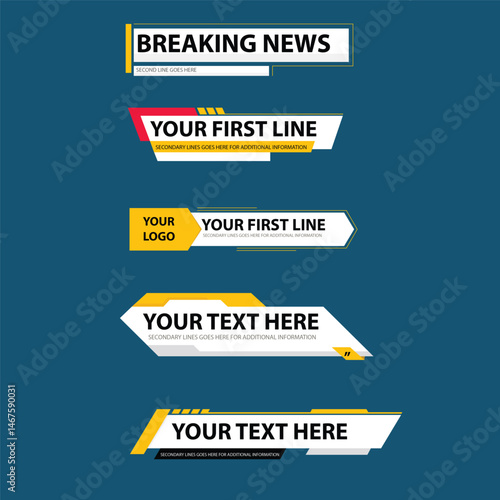 Lower third template. Set of TV banners and bars for news and sport channels, streaming and broadcasting. Collection of lower thirds for video editing on a solid  background