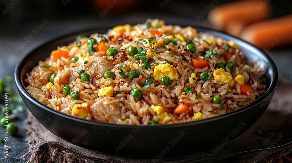 Chicken and egg fried rice with carrots and green peas served in a bowl. A colorful, healthy meal symbolizing balance, comfort, and nourishment in a wholesome Asian-inspired dish.
Chicken and egg fried rice with carrots and green peas served in a bowl. A colorful, healthy meal symbolizing balance, comfort, and nourishment in a wholesome Asian-inspired dish.