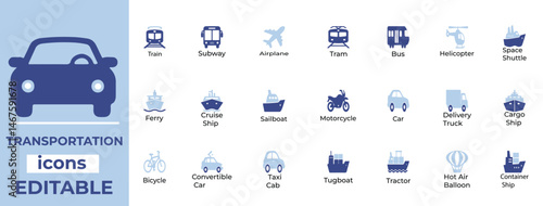 Editable transport vector icons for logistics, travel, and mobility clean modern style ideal for apps, maps, and infographics
