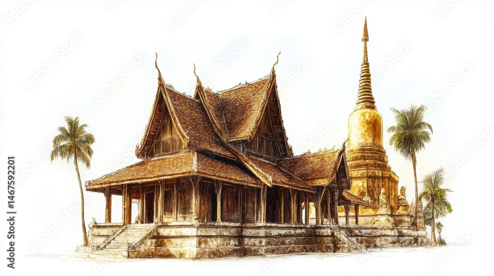 Obraz premium A majestic Northern Thai ubosot and ancient golden chedi standing side by side