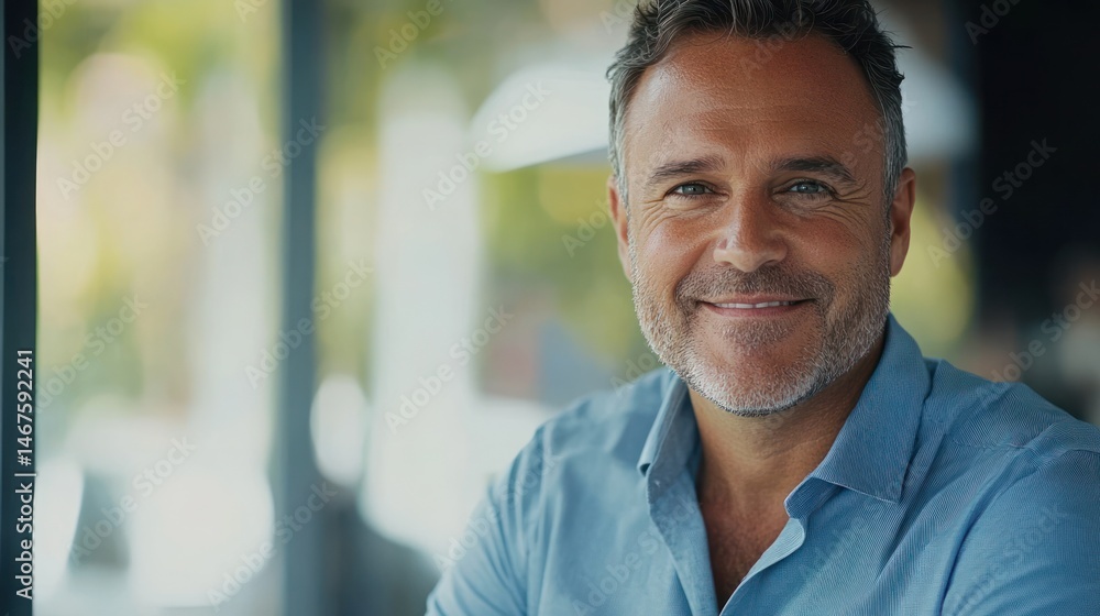 Smiling man in a blue shirt at a cafe with natural light Smiling man in a blue shirt at a cafe with natural light