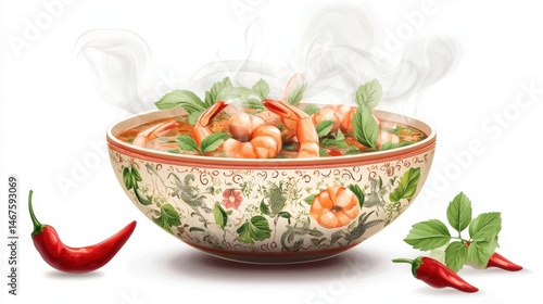 Authentic Tom Yum Goong with fresh herbs and prawns