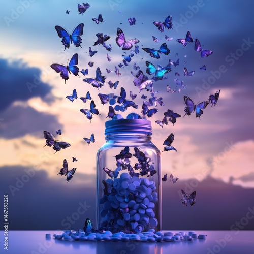 August International Overdose Awareness Day Broken pill bottle transforming into butterflies surreal metamorphosis cool blue and purple tones hope theme Image