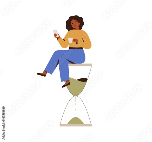 Businesswoman has a coffee break. Good time management, productive work, self organization. Black Girl sits on big clock, looking phone and drink tea. Vector illustration