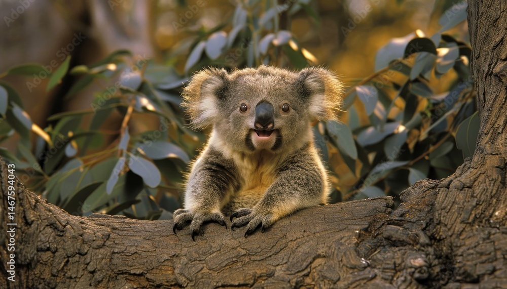 Fototapeta premium Koala peacefully lounging in a eucalyptus tree, enjoying its lush and natural habitat blissfully.