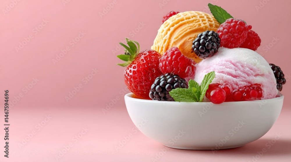 Bowl of ice cream with strawberries and raspberries. The bowl is white and the ice cream is pink and yellow Bowl of ice cream with strawberries and raspberries. The bowl is white and the ice cream is pink and yellow
