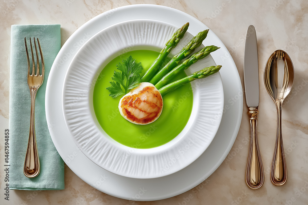 Artfully presented asparagus velout with grilled scallop centerpiece. Minimalist fine dining table setup with elegant utensils. Concept of gourmet dining, culinary arts, restaurant presentation Artfully presented asparagus velout with grilled scallop centerpiece. Minimalist fine dining table setup with elegant utensils. Concept of gourmet dining, culinary arts, restaurant presentation