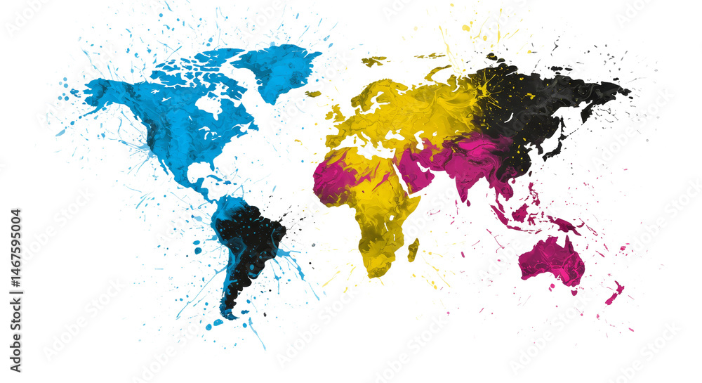 Fototapeta premium World Map with Colorful Paint Splatter on White Background