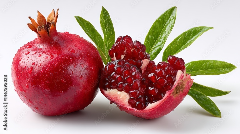 Red pomegranate is cut in half and surrounded by green leaves. The pomegranate is juicy and ripe, and the leaves add a touch of freshness to the scene Red pomegranate is cut in half and surrounded by green leaves. The pomegranate is juicy and ripe, and the leaves add a touch of freshness to the scene