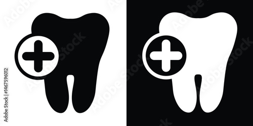 Dental health icon vector with medical cross symbol on tooth silhouette. Black and white tooth care logo design for dentist, dental clinic, or oral health services.