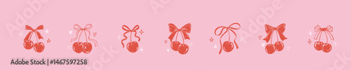 Set of cute cherries with bow ribbon. Doodle border with sweet summer fruits and stars, glitter, twinkle, bling. Coquette feminine Italian style hand drawn vector illustration. Aesthetic drawing