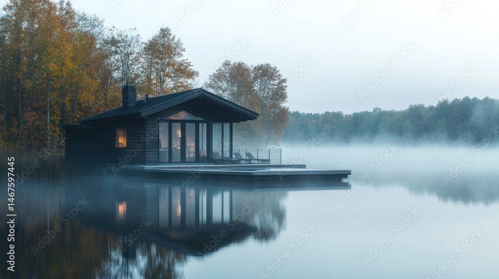 Fototapeta premium Misty Lakeside Cabin