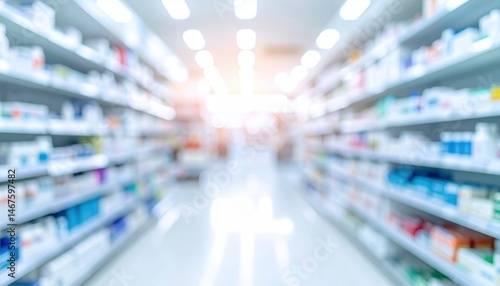 Blurry pharmacy drugstore shelves retail space healthcare display bright environment abstract perspective